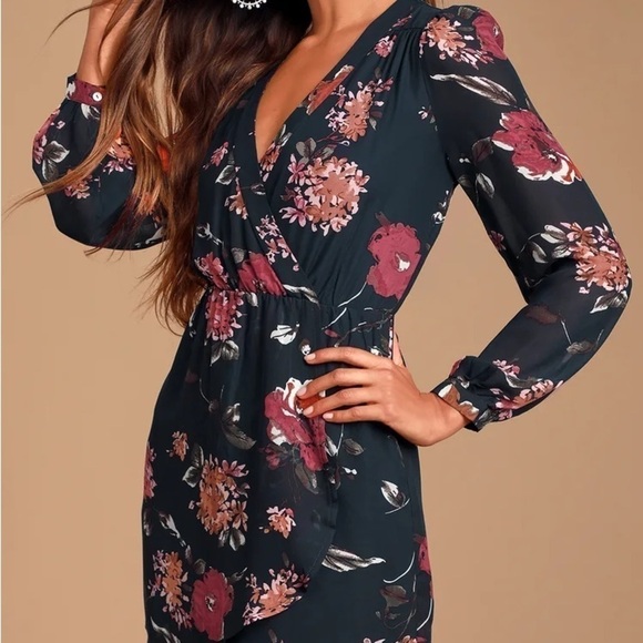 Lulus Pretty Pretender Navy Floral Print Long Sleeve Faux Wrap Dress Size Medium - Picture 1 of 17